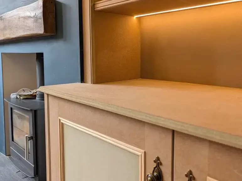 Close up of built in furniture before being sprayed