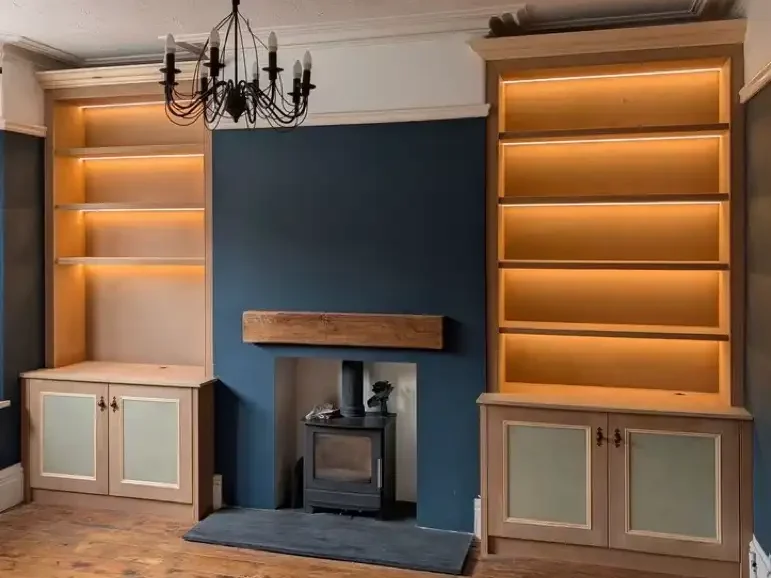 Pair of built in bookshelves prior to being sprayed