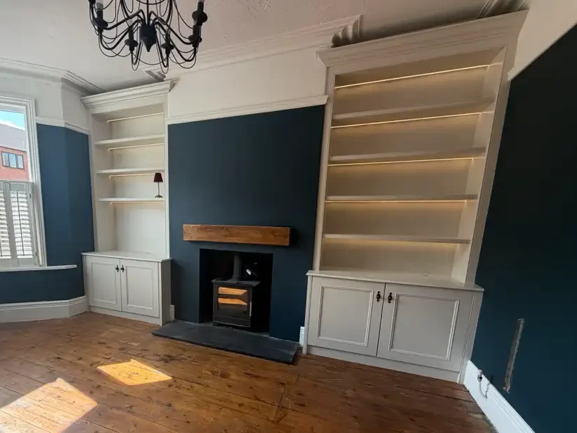 Completed pair of built in bookcases after being sprayed